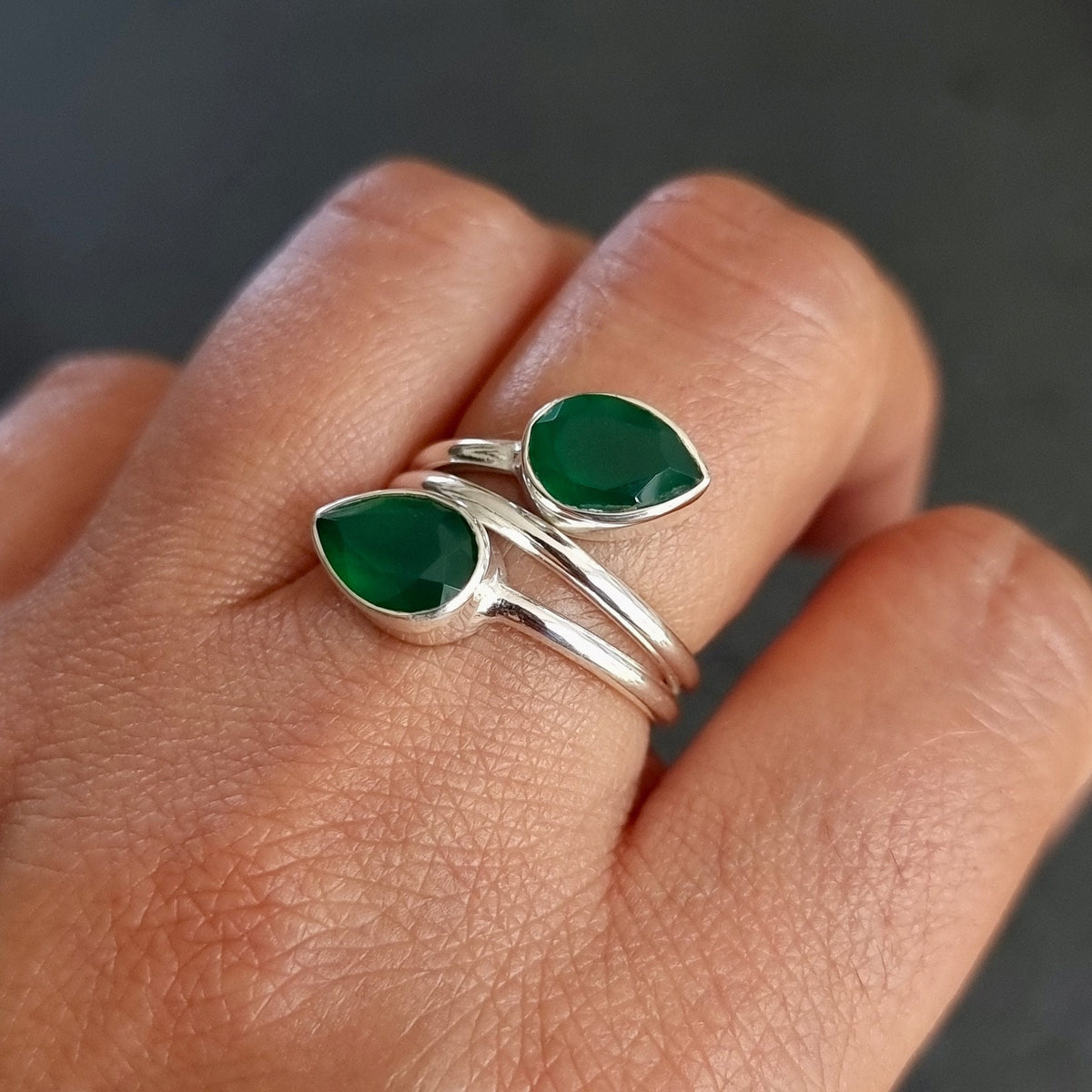 55 Carat Genuine Green Onyx Ring In Antique Sterling Silver Bezel Setting - Sizes 4 To 13