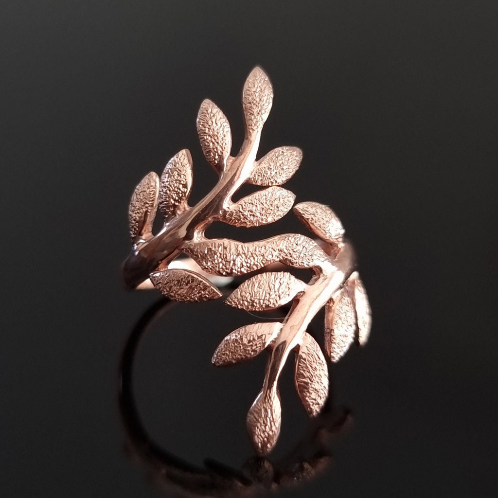 Designer Rose Gold Vermeil Leaf Ring, Brushed 925 Sterling Silver Ring, Unusual Thumb Ring, Forefinger Wrap Ring, Mistry Gems, R9RG