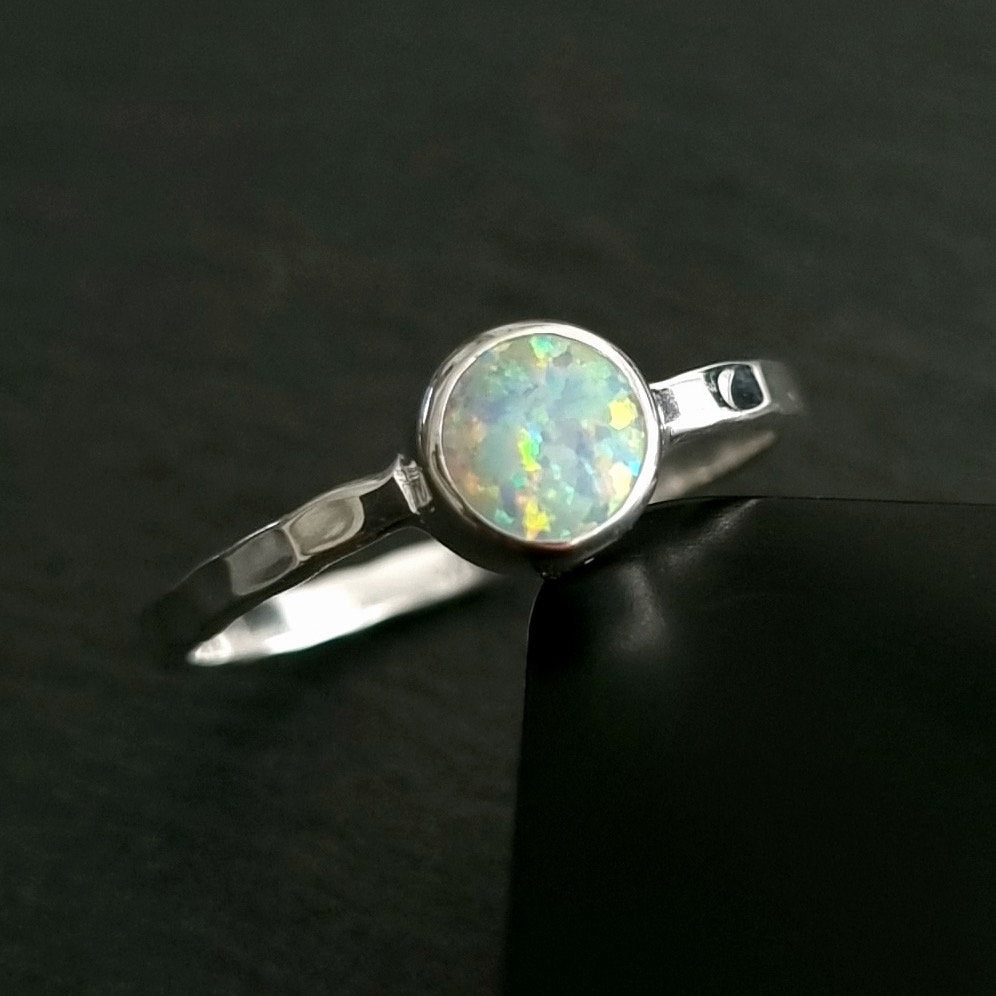 White Opal 6MM Round 925 Silver Stacking Ring R11WOP