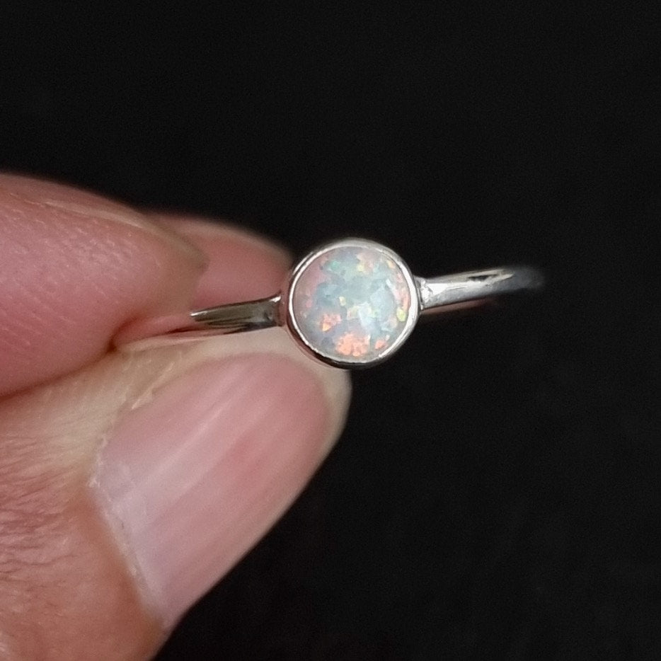 Dainty 5mm Round White Opal Stacking Ring 925 Sterling Silver