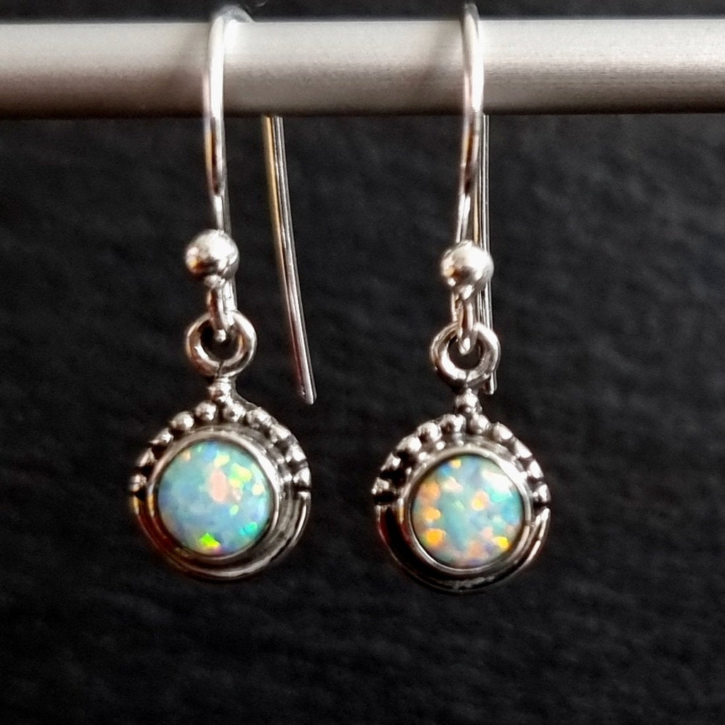 Boho White Opal Earrings, Small Round 925 Silver Earrings, Dainty Gemstone, Lab Created Opal, October Birthstone, Mistry Gems, E91WOP