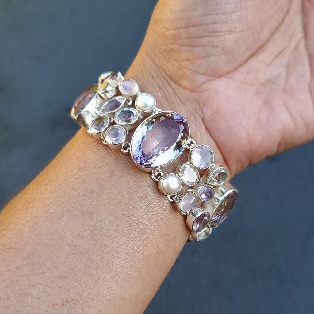 Amethyst, Pearl, Rose Quartz, Clear Quartz Multi Stone 925 Silver Bracelet, AMEBL1