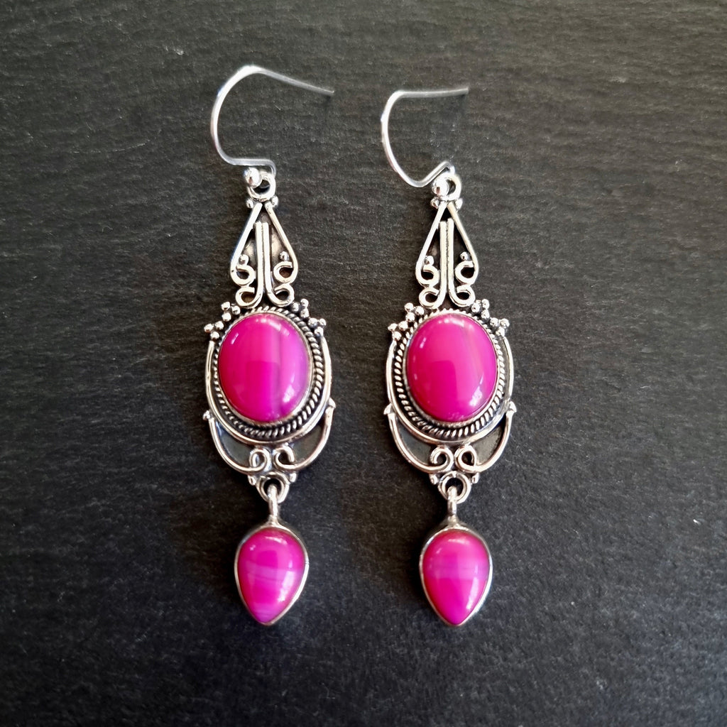 Bohemian Long HOT Pink Agate Earrings, Two Stone Hippy 925 Sterling Silver Dangle Earrings, Bright Fuchsia Pink Gemstone, Mistry Gems,E38PAG