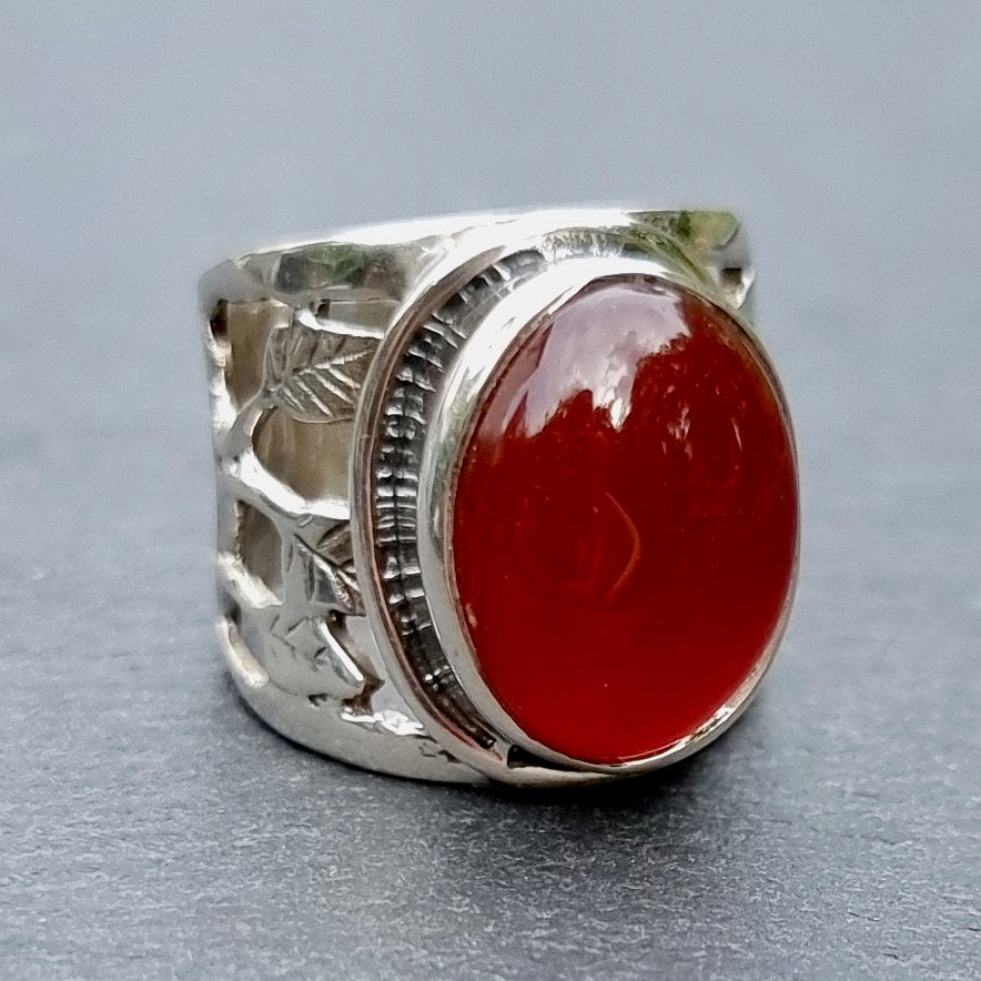 Unisex Filigree Carnelian Ring, 925 Sterling Silver, US 5 3/4 UK K1/2, Stone 1.5cm x 1.2cm, Bohemian Pinky Finger Ring, Mistry Gems,R128CARN
