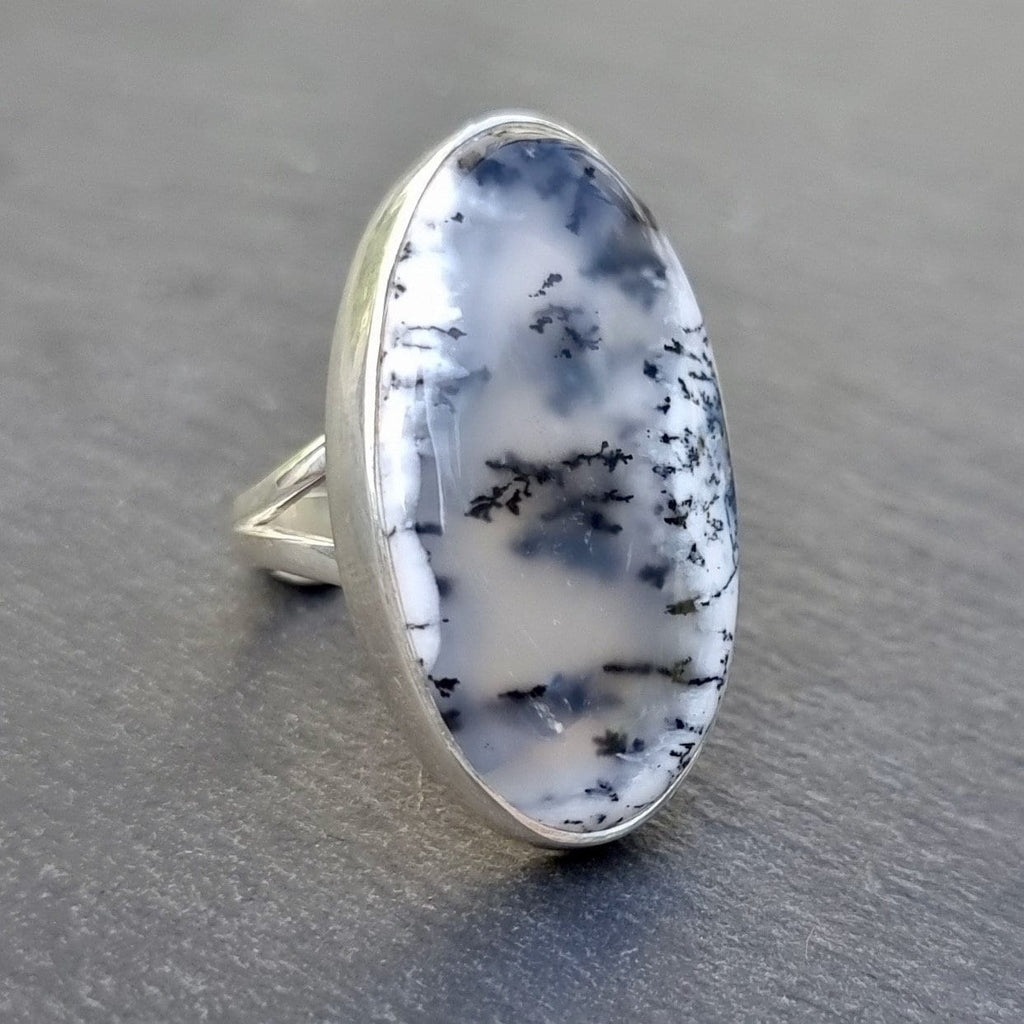 Chunky Oval Dendritic Opal Ring, 925 Sterling Silver, US 7 1/4 UK O, Stone Size Oval 3.3cm x 1.9cm, Merlinite Jewellery, Mistry Gems, R64