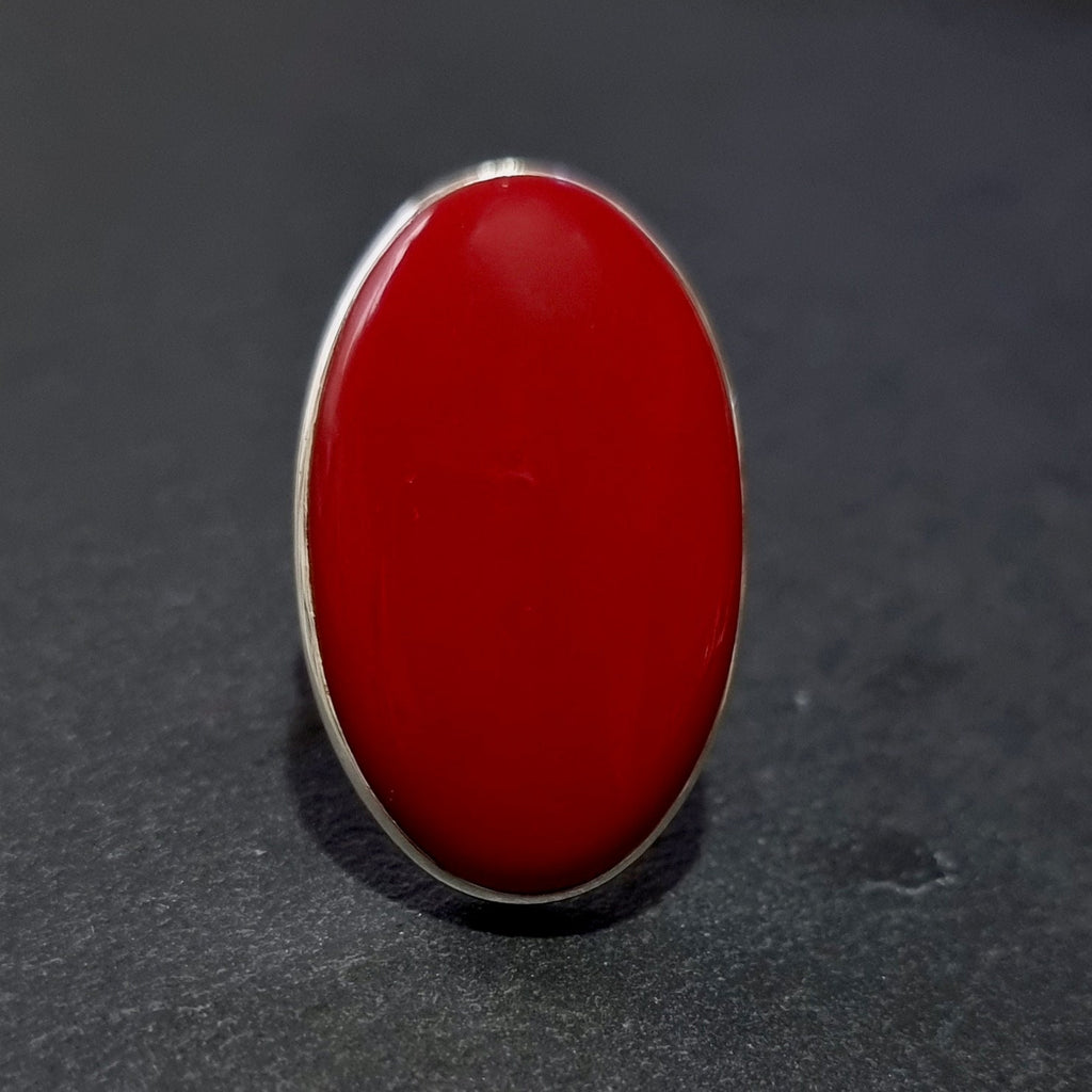 Striking Sterling Silver Coral Ring, Size US 9 1/4 UK S, Large Oval Stone 3.3cm x 1.9cm, Christmas Festive Jewellery Ideas, Mistry Gems,R114