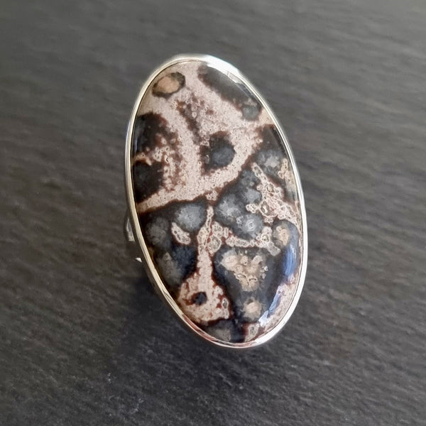 Natural Ocean Jasper gemstone displaying distinctive orbicular patterns in cream, brown, charcoal-grey and soft blue-green tones with a polished finish.