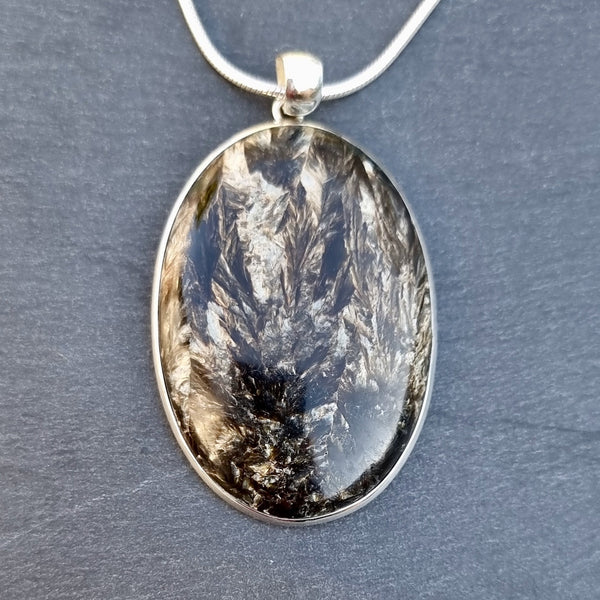 Natural Seraphinite gemstone displaying a polished black surface with shimmering silvery-green feather-like patterns.