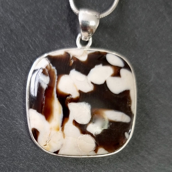 Peanut Wood Jasper featuring natural cream fossil markings on a warm brown fossilised wood background.