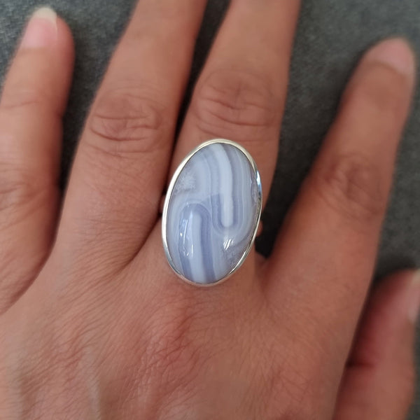 Blue Lace Agate jewellery in 925 sterling silver featuring soft pastel blue gemstones with delicate white banding and natural patterns