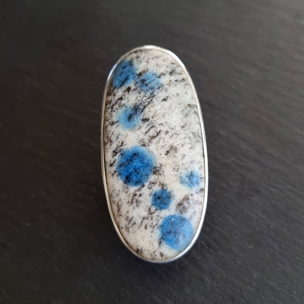 K2 jewellery set in 925 sterling silver featuring distinctive blue Azurite spots within pale granite, creating beautiful and unique natural patterns