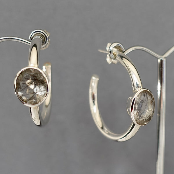 Sterling silver Tourmalinated Quartz earrings featuring clear natural Quartz with striking black Tourmaline needle inclusions.