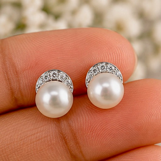 Freshwater Pearl CZ Studs Earrings | 925 Sterling Silver, R9071