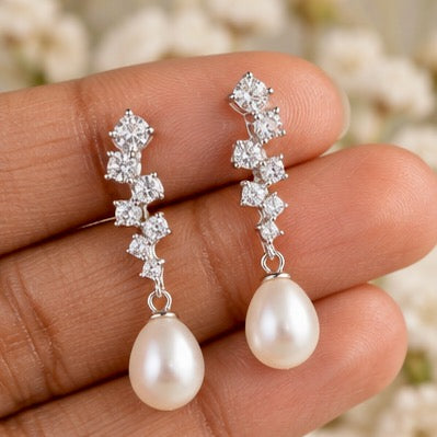 Pearl CZ Stud Post Drop Earrings | 925 Sterling Silver, H2905/W