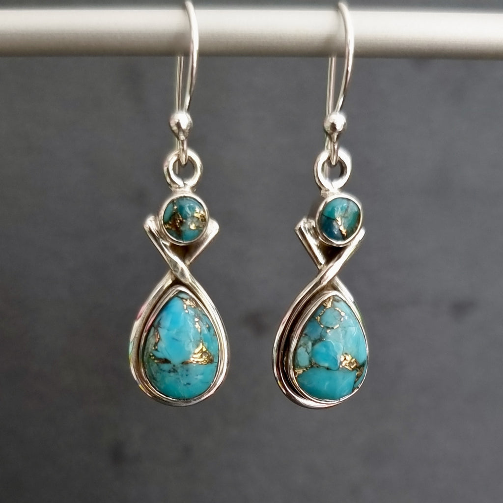 Blue Copper Turquoise Two Stone 925 Sterling Silver Earrings, E1T