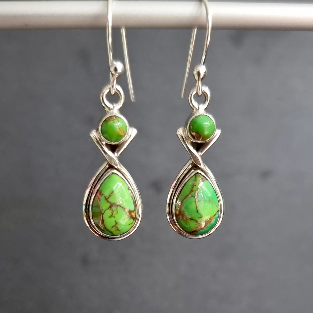 Green Copper Turquoise Two Stone Teardrop Silver Earrings, E1GCT