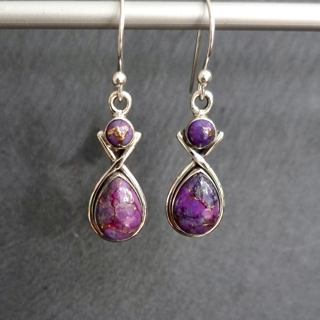 Purple Copper Turquoise Two Stone Teardrop Silver Earrings, E1PCT