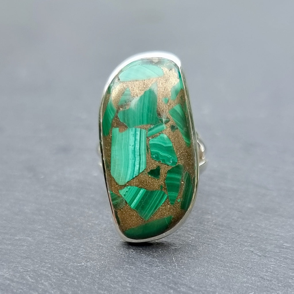 Adjustable Copper Malachite 925 Silver Ring, R99
