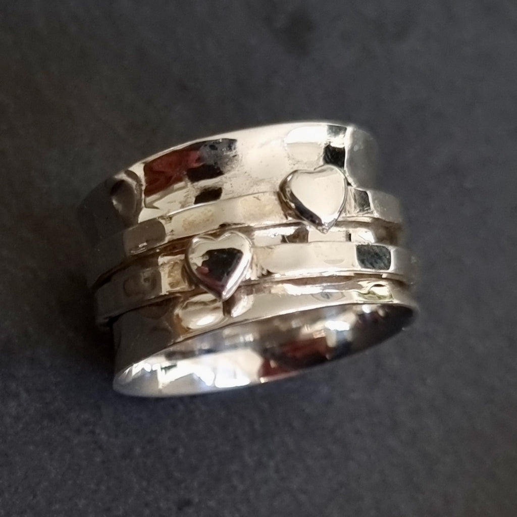 Wide Silver Hearts Sterling Silver Spinner Ring, SP05S