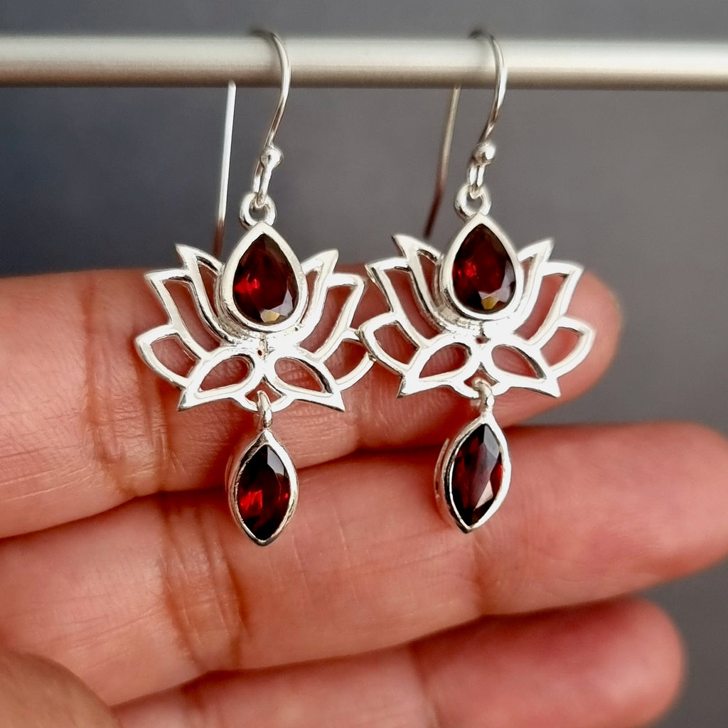 Facetted Garnet Lotus Flower Silver Earrings, E64GF