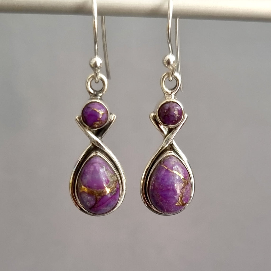 Purple Copper Turquoise Multistone Teardrop Silver Earrings, E1PCT