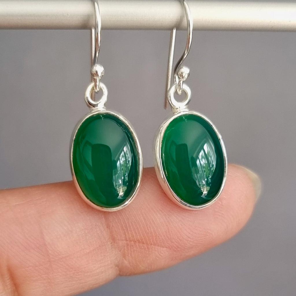 Large Oval Green Onyx 925 Silver Earrings, E2GO