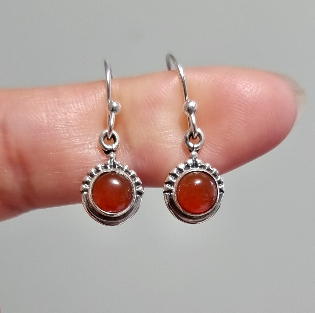Small Boho Round 5mm/6mm Carnelian 925 Silver Earrings, E91CARN
