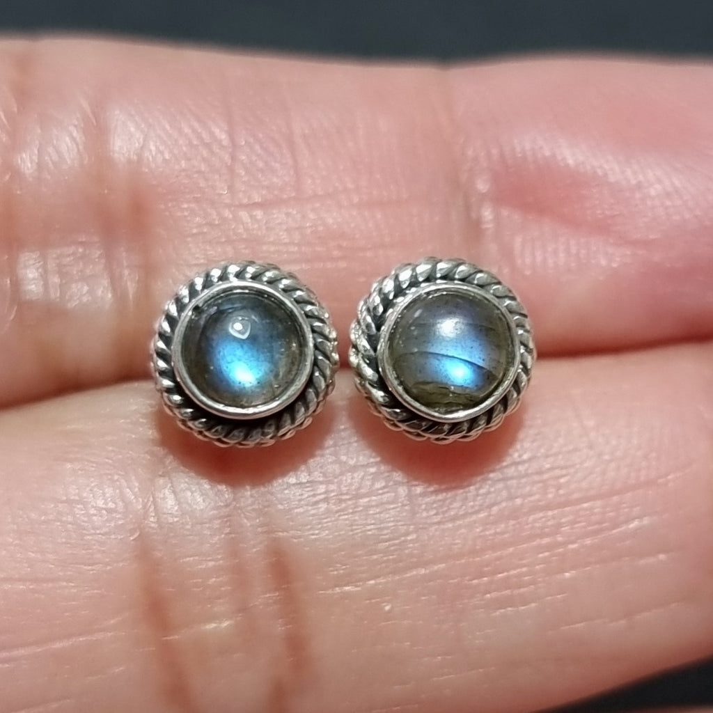 Boho Small Round Labradorite 925 Silver Studs, S7LAB