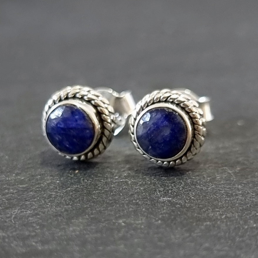 Boho Small Round Sapphire 925 Sterling Silver Studs, S7S