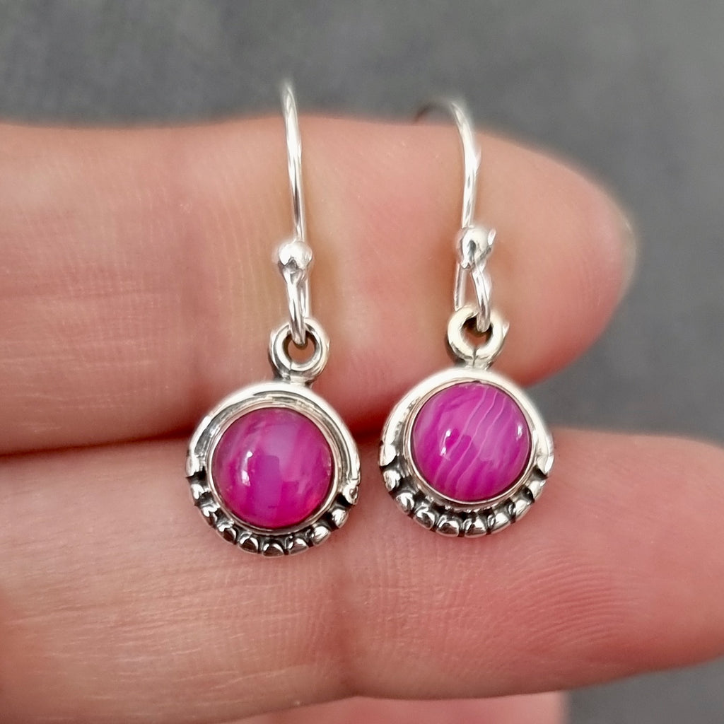 Boho Round HOT Pink Agate Earrings, 925 Sterling Silver, E86PAG