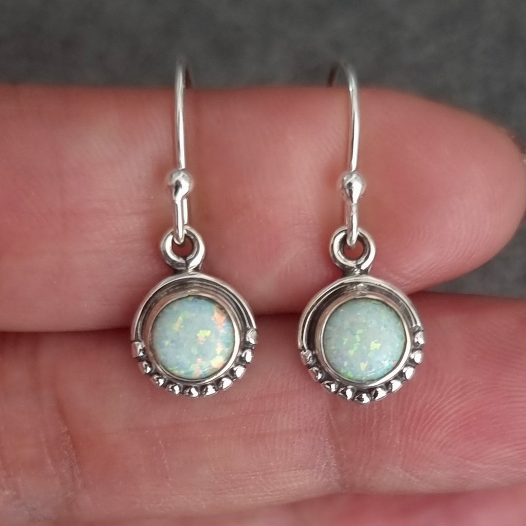 Dainty Boho 5mm / 6mm Round White Opal Earrings, 925 Sterling Silver, E86WOP
