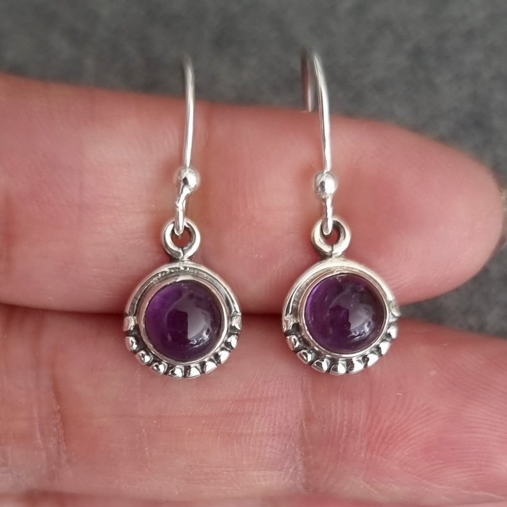 Small Round Boho Amethyst Earrings, 925 Sterling Silver, E86A