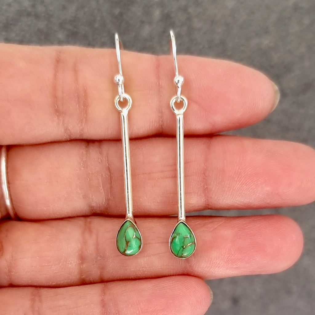Long Silver Teardrop Green Copper Turquoise | 925 Sterling Silver, E15GCT