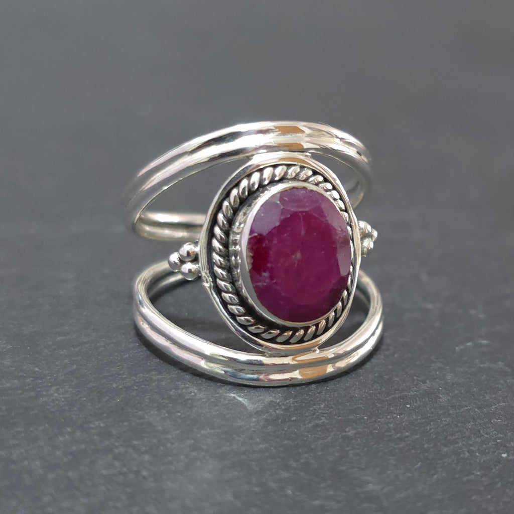 Unisex Boho Oval Ruby Ring | 925 Sterling Silver, R29R