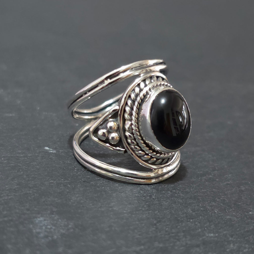 Unisex Boho Oval Black Onyx Ring | 925 Sterling Silver, R29O
