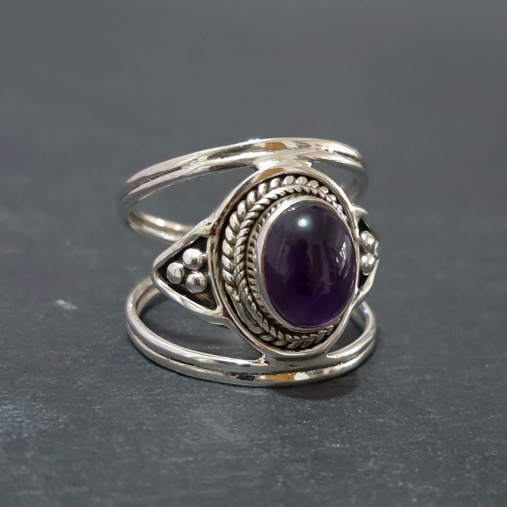 Unisex Boho Oval Amethyst Ring | 925 Sterling Silver, R29A