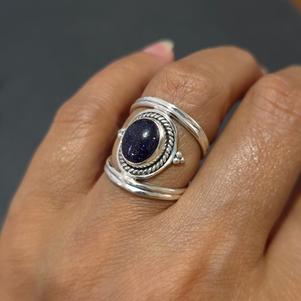 Boho Oval Blue Goldstone Ring | 925 Sterling Silver, R29BS