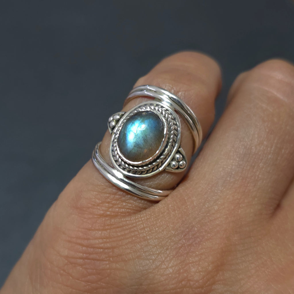 Unisex Boho Oval Labradorite Ring | 925 Sterling Silver, R29LAB