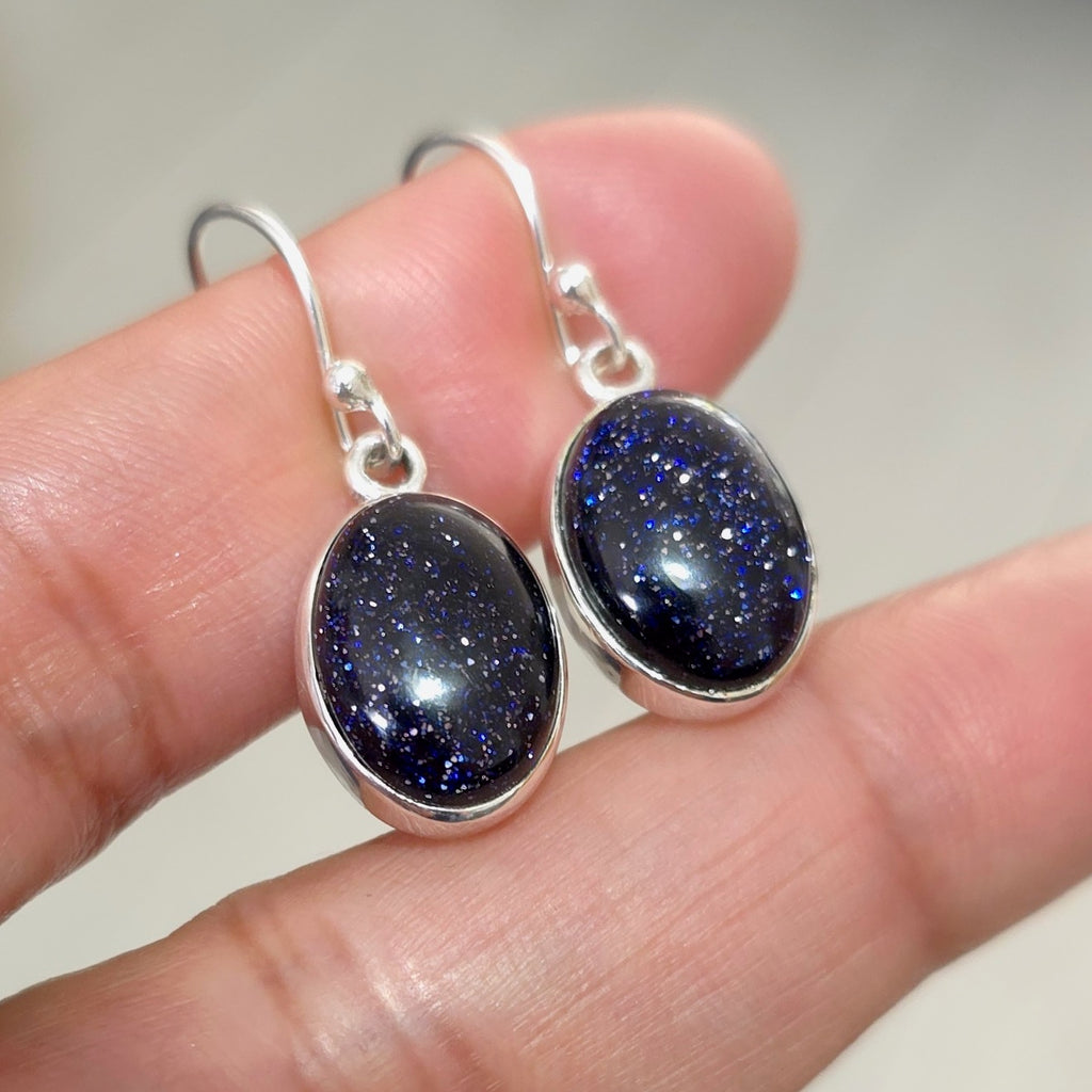 Large Oval Blue Goldstone Earrings | 925 Sterling Silver, E2BS