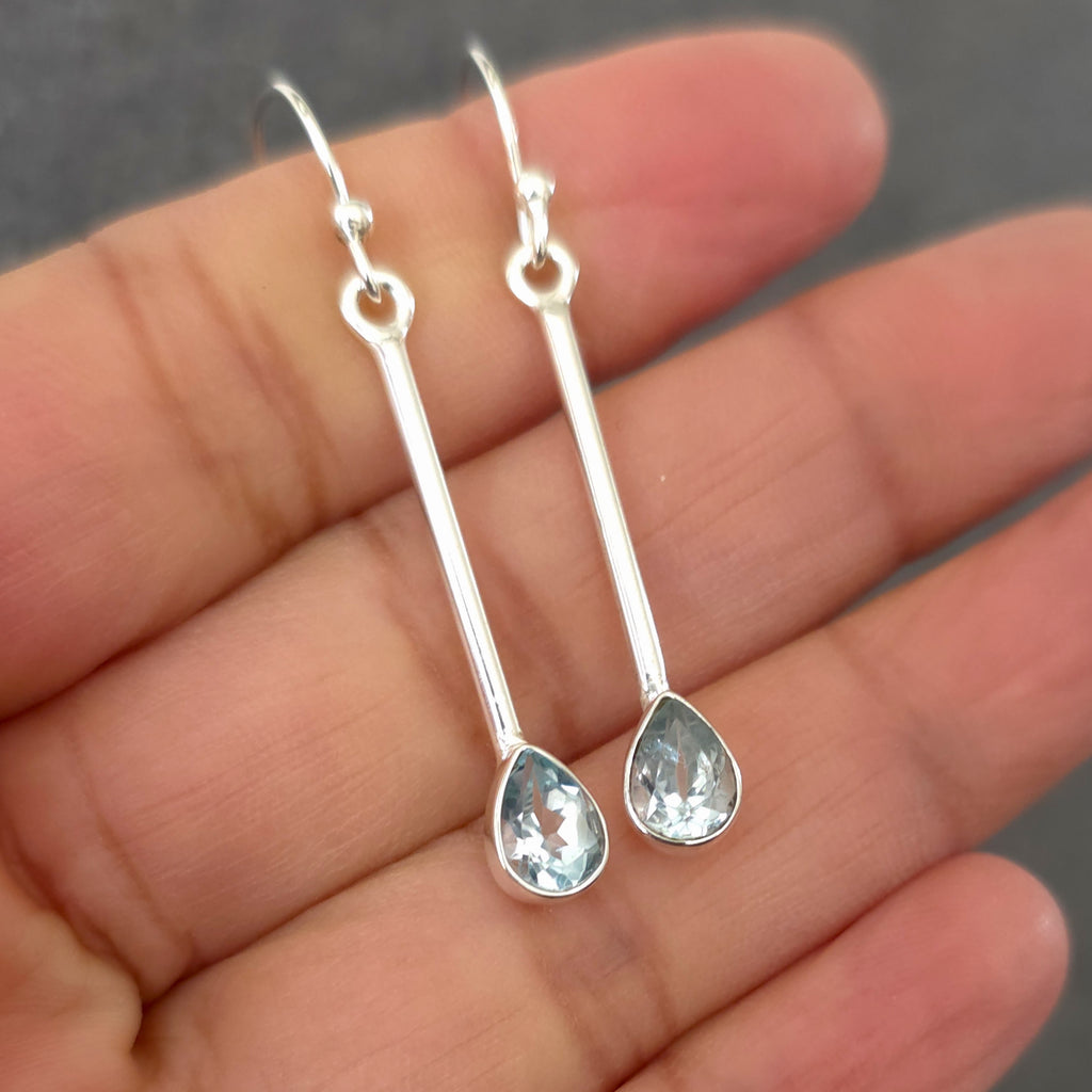 Long Silver Teardrop Blue Topaz Earrings | 925 Sterling Silver, E15BT