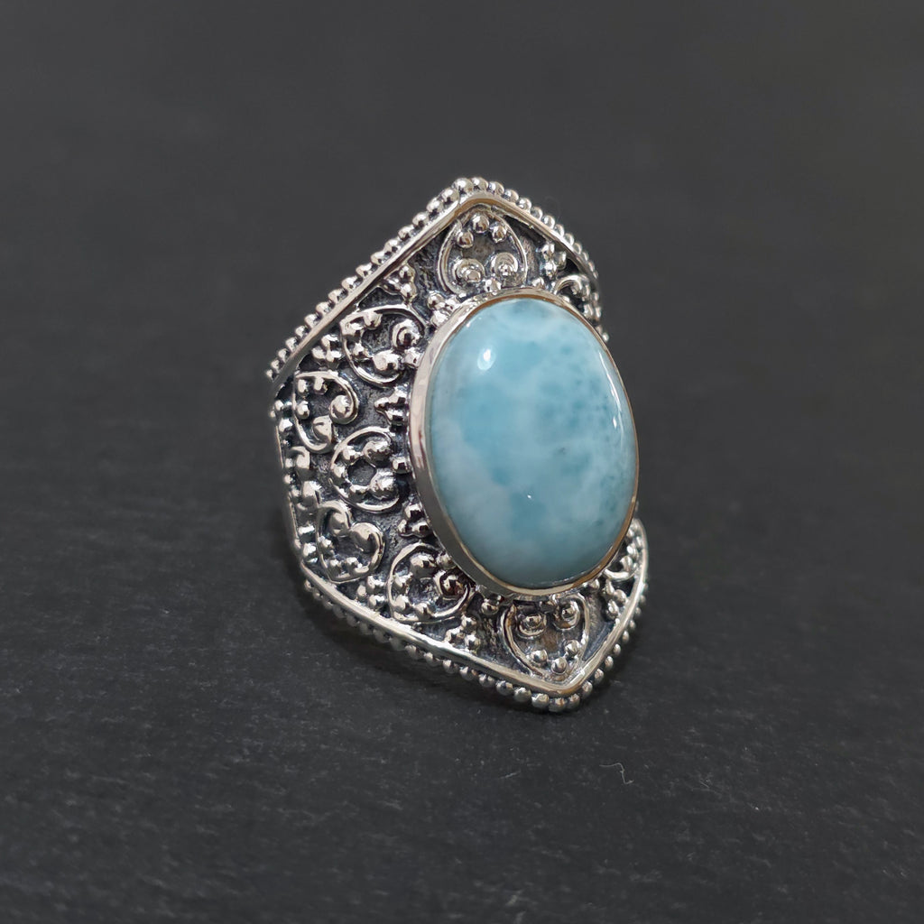 Unisex Boho Larimar Ring | Oxidised 925 Sterling Silver, R36L
