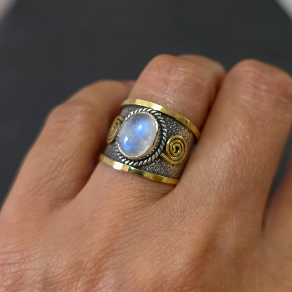 Wide Band Boho Gold/Silver Moonstone Ring | Oxidised 925 Silver with Brass, R44M