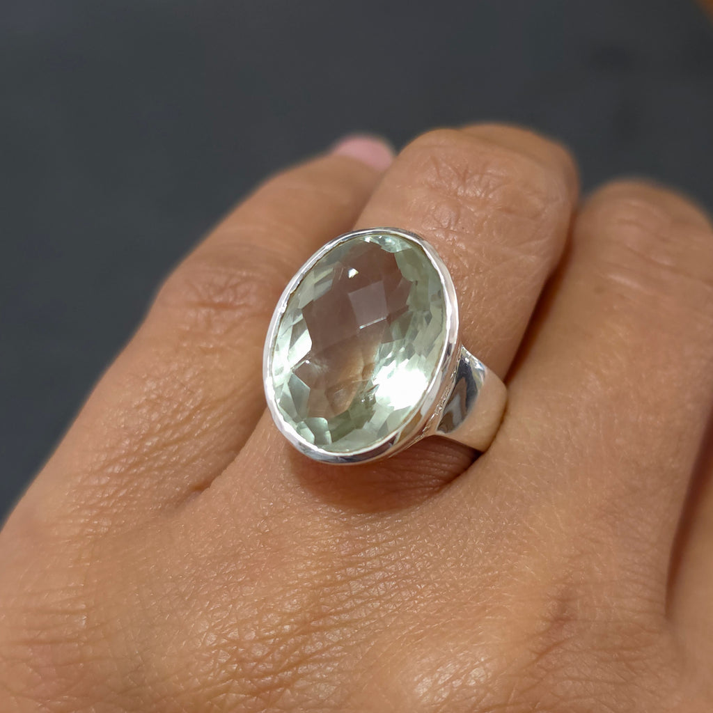 Large Silver Filigree Oval Green Amethyst Ring | 925 Sterling Silver, R117A