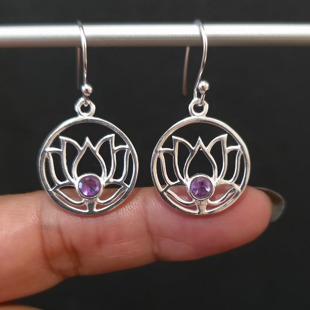 Large Round Lotus Flower Amethyst Earrings | 925 Sterling Silver, E92A