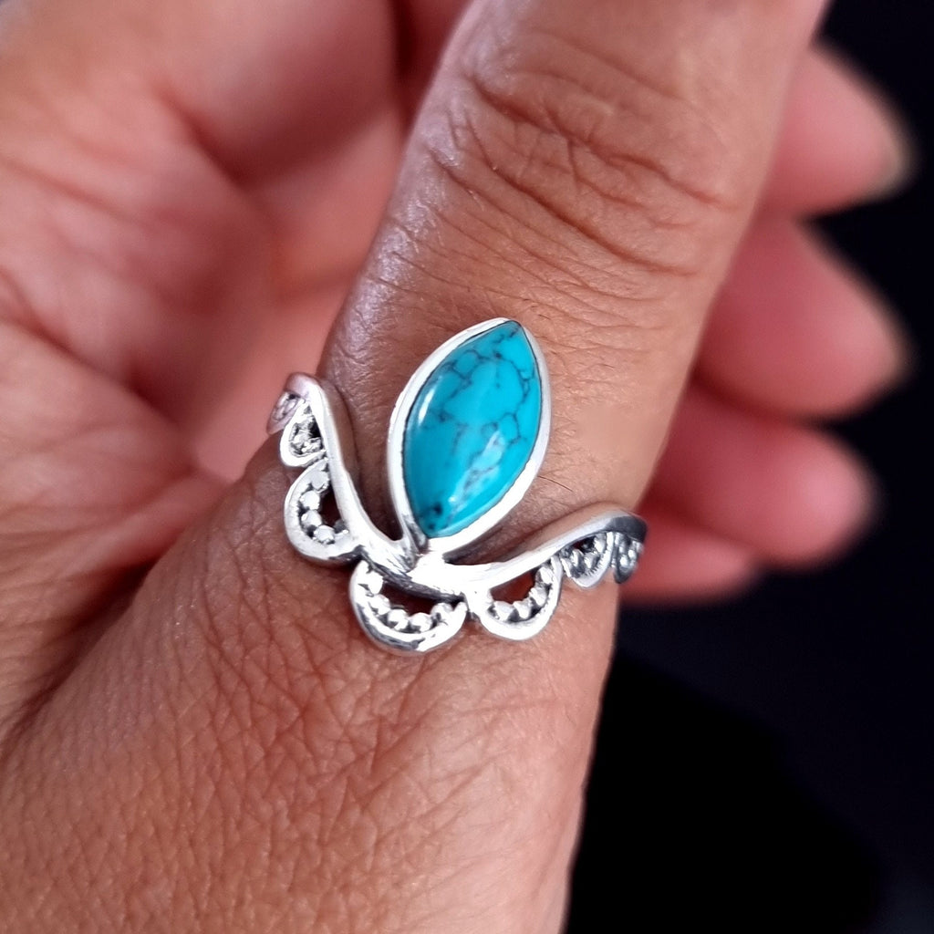 Unisex Boho Crown Turquoise Ring 925 Sterling Silver, R6T