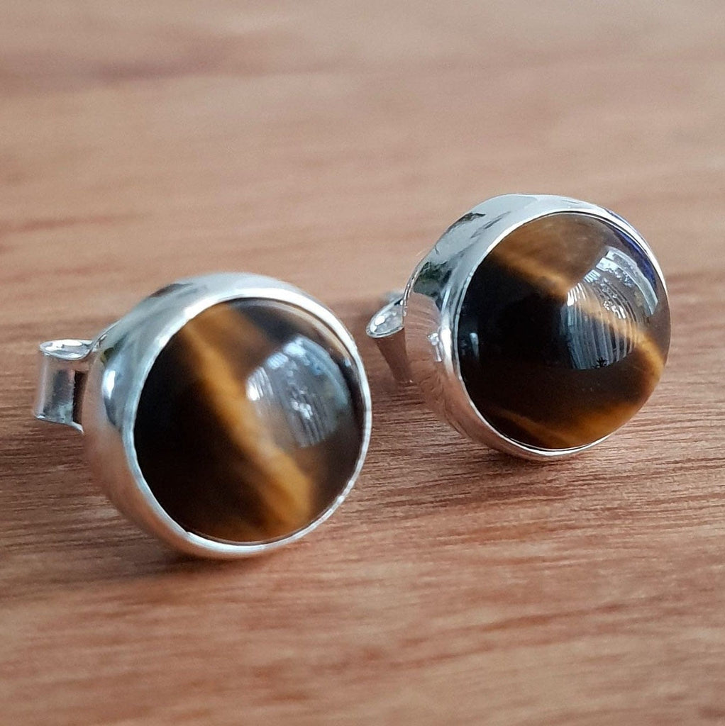 Large Round Tiger Eye Studs Earrings, 925 Sterling Silver, S11TE