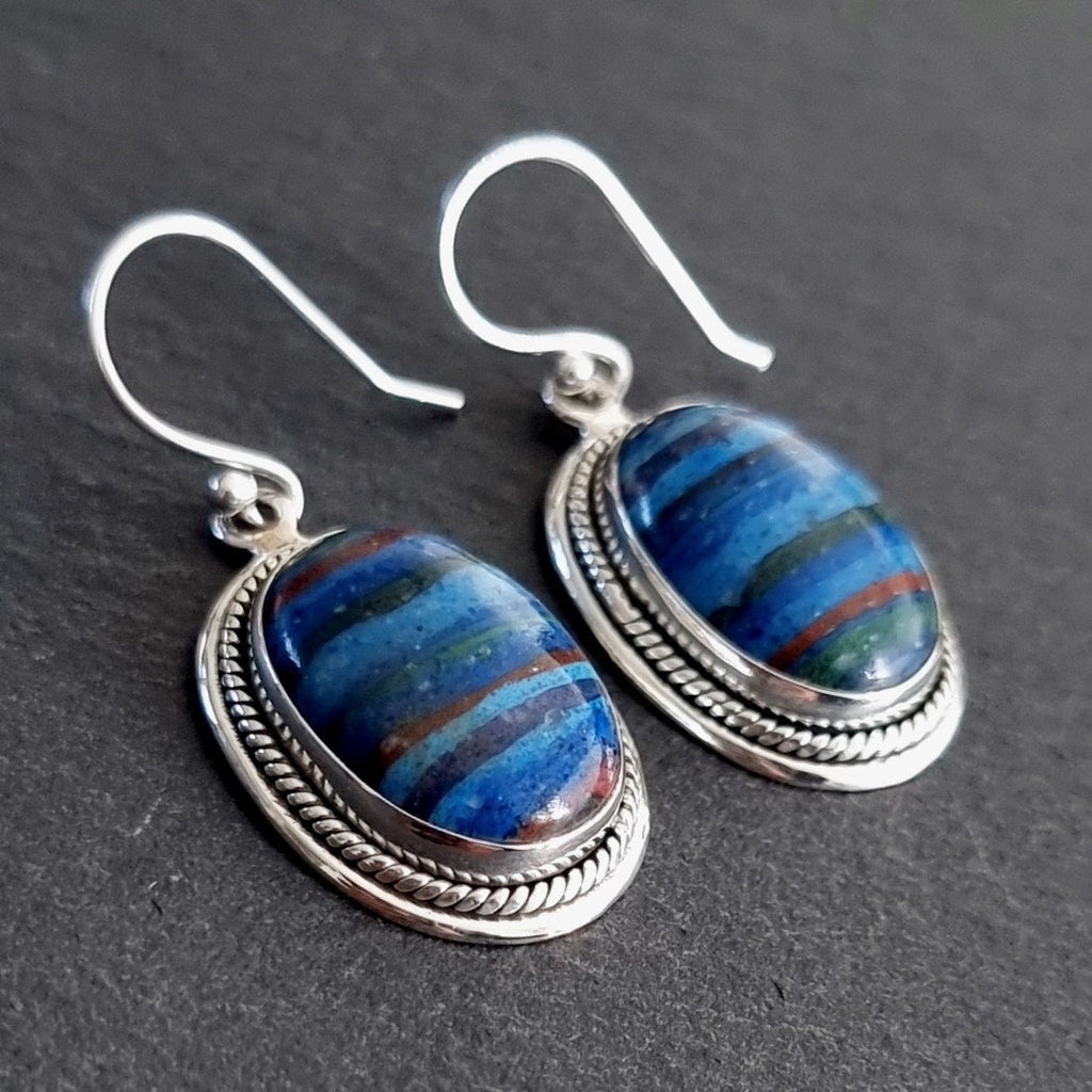 Boho Rainbow Calsilica Earrings, Large Oval Stone 17mmx 13mm, 925 Sterling Silver, Mexican Horizontal Stripe Gemstone, Mistry Gems, RCE1