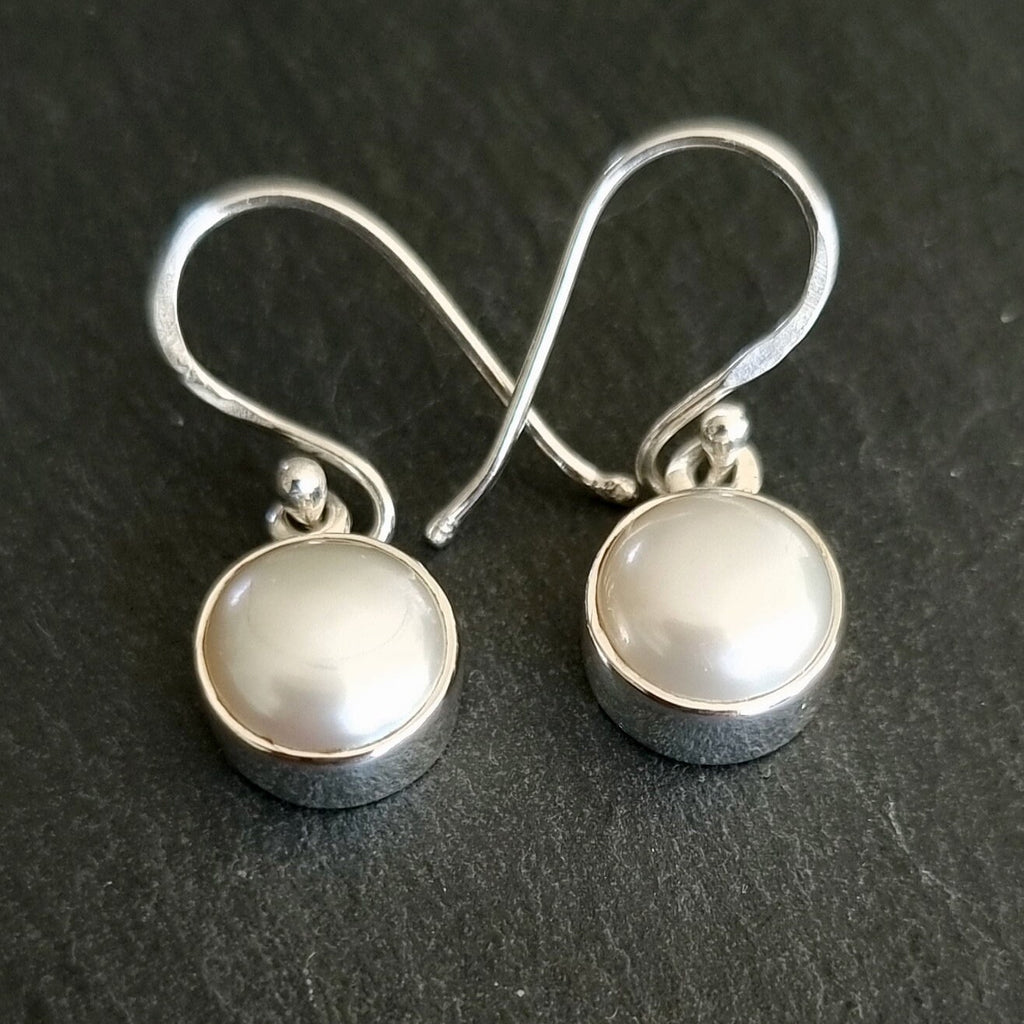 Classic Round 8mm White Pearl Dangle Earrings, 925 Sterling Silver, E13PL