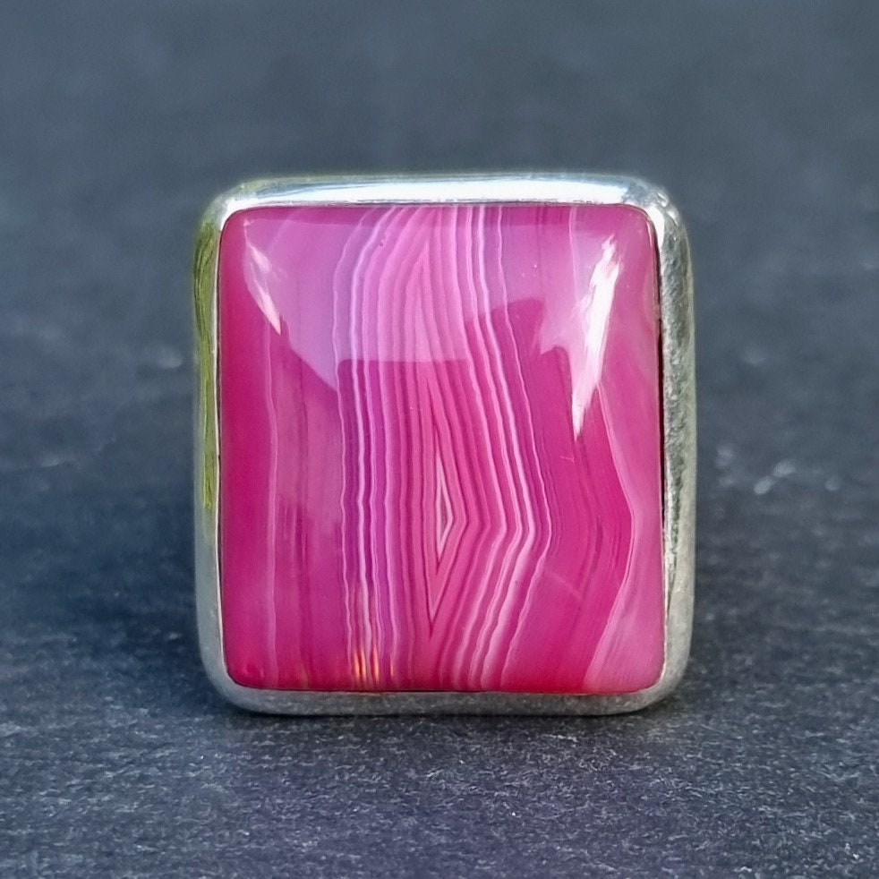 Square Pink Agate Sterling Silver Ring, R132