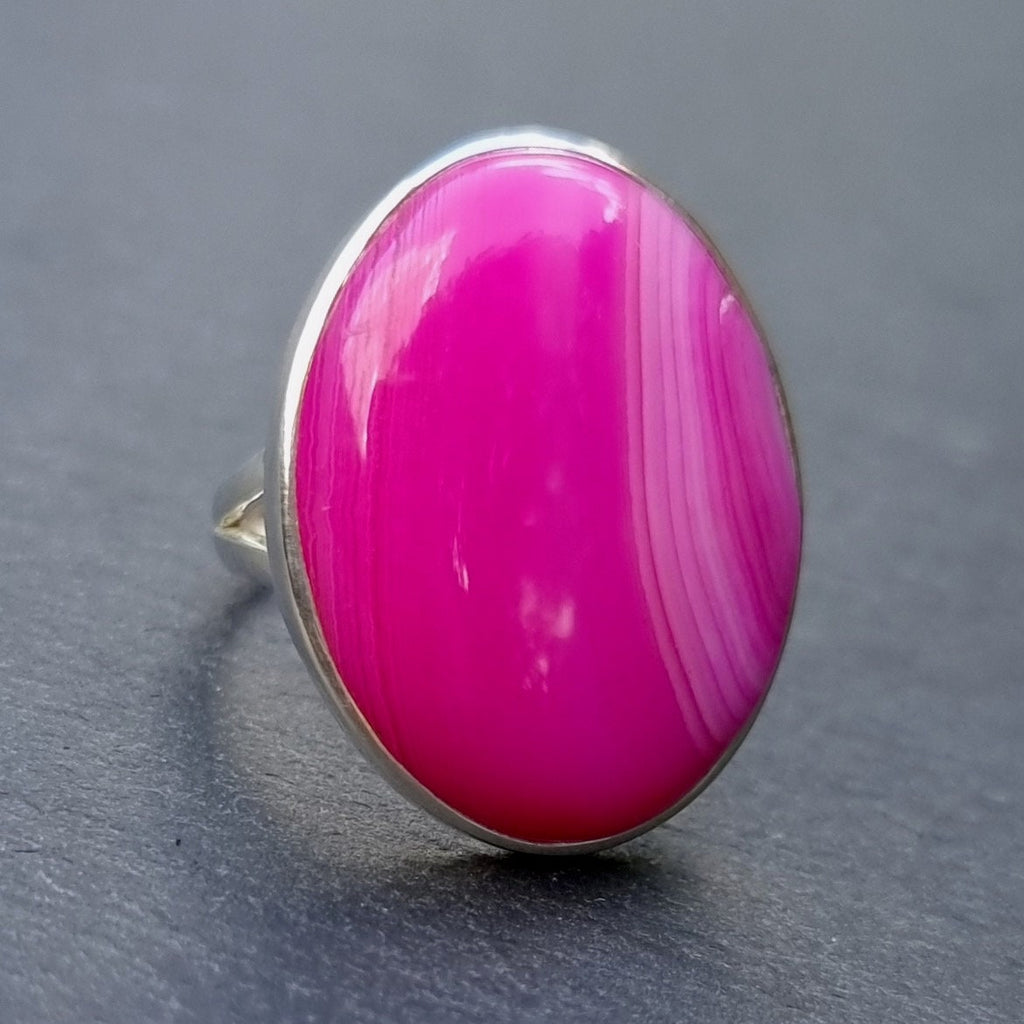 Large Oval Fuchsia Pink Agate Sterling Silver Ring, R133